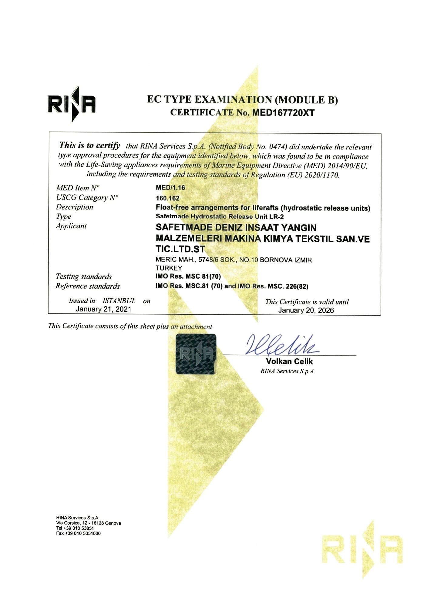 Hydrostatic Release Unit (HRU) for Liferaft - SOLAS & RINA Approved