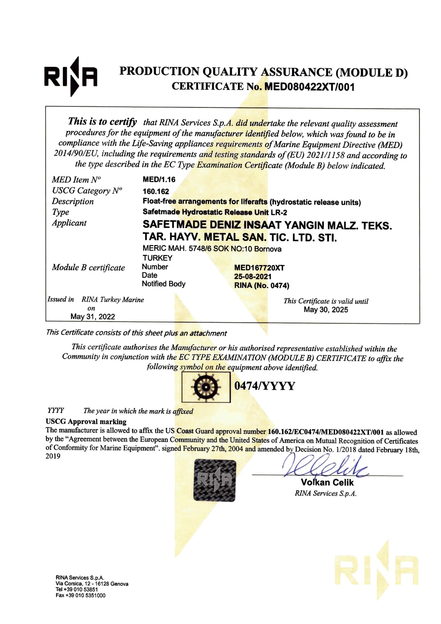 Hydrostatic Release Unit (HRU) for Liferaft - SOLAS & RINA Approved