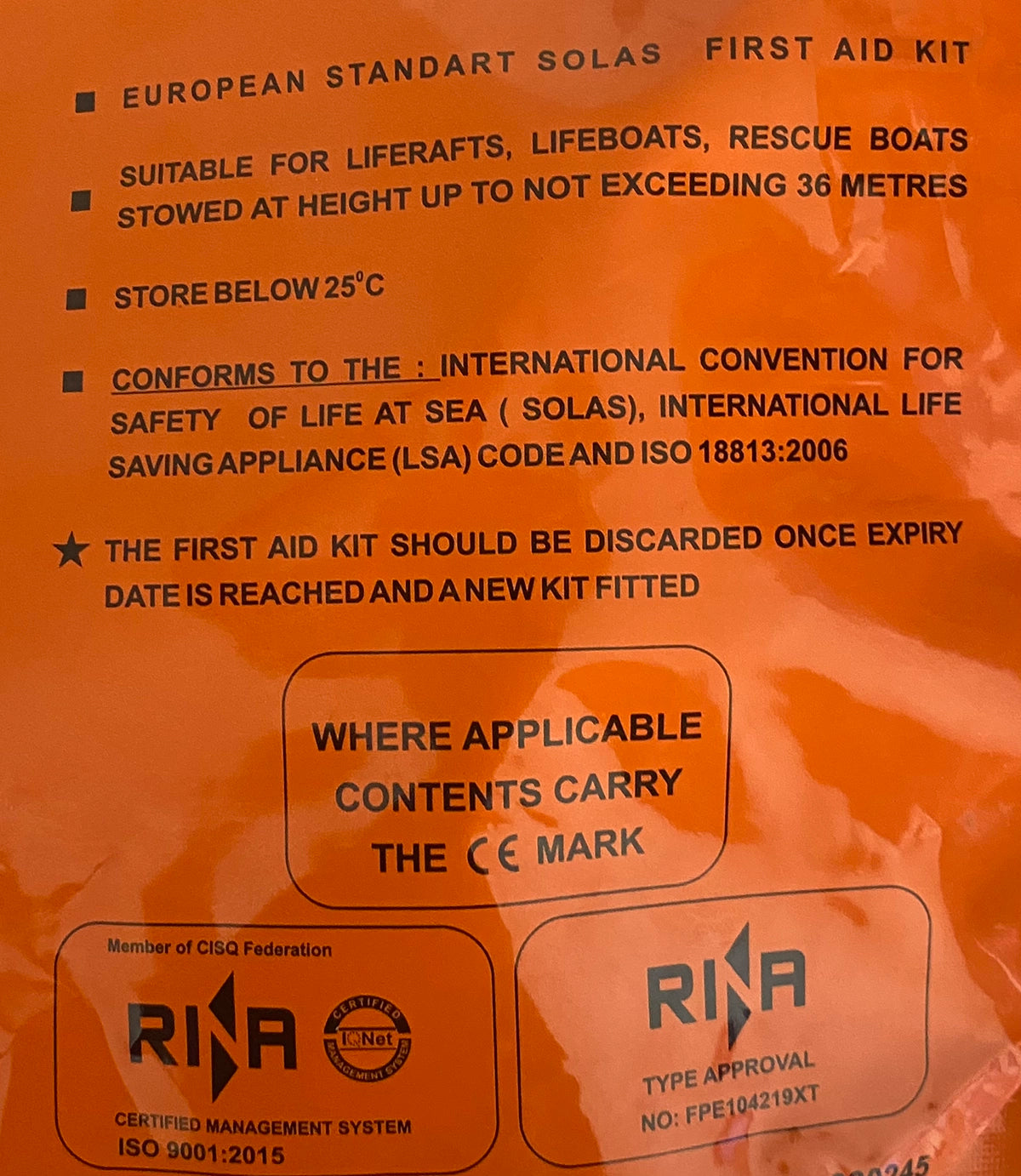 First Aid Kit for Lifeboat, Liferaft, Rescue Boat and Bridge - SOLAS & RINA Approved